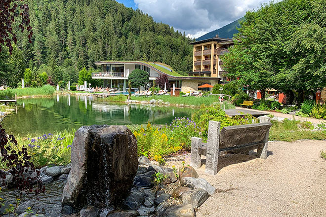 Relaxing by the pool of our hotel in Pertisau