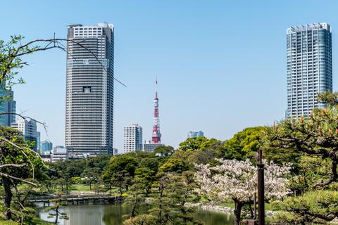 Hamarikyu Gardens with a view of the Tokyo Tower